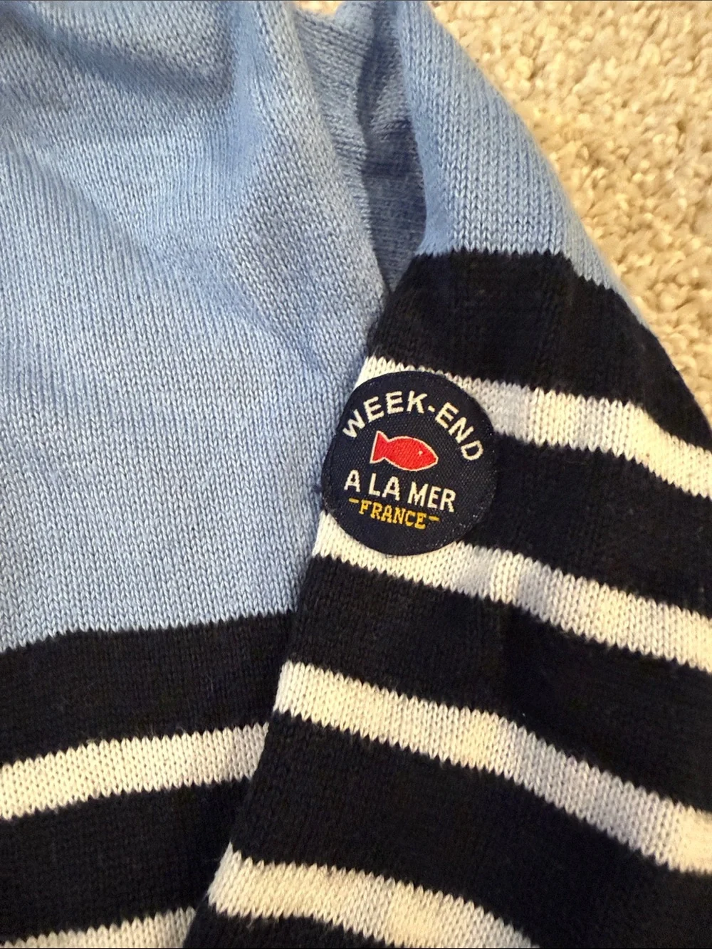 Striped Crewneck Sweater in Light Blue, Navy & White, size 8